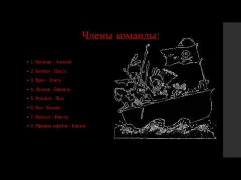 Члены команды: 1. Капитан - Алексей 2. Боцман - Данил 3. Врач