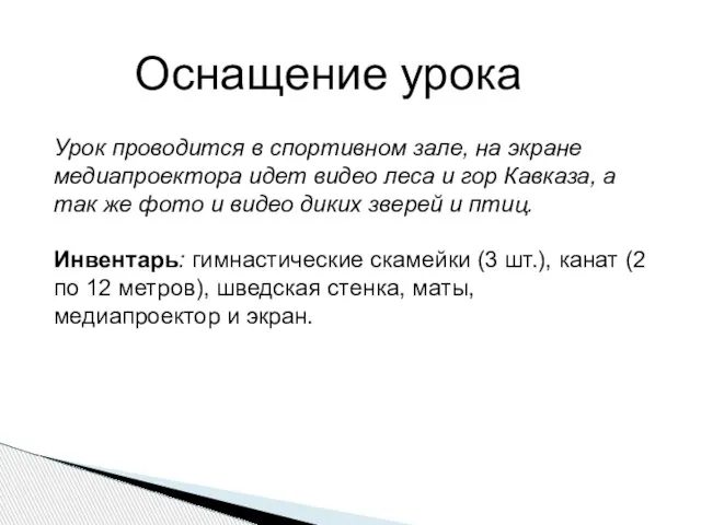 Урок проводится в спортивном зале, на экране медиапроектора идет видео леса и