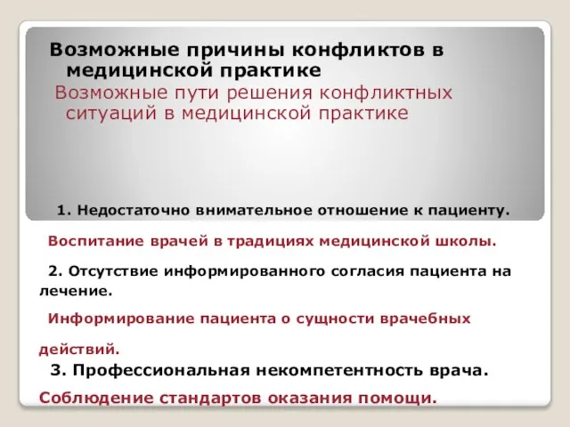 1. Недостаточно внимательное отношение к пациенту. Воспитание врачей в традициях медицинской школы.