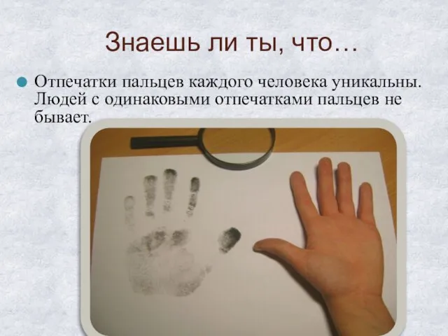 Знаешь ли ты, что… Отпечатки пальцев каждого человека уникальны. Людей с одинаковыми отпечатками пальцев не бывает.