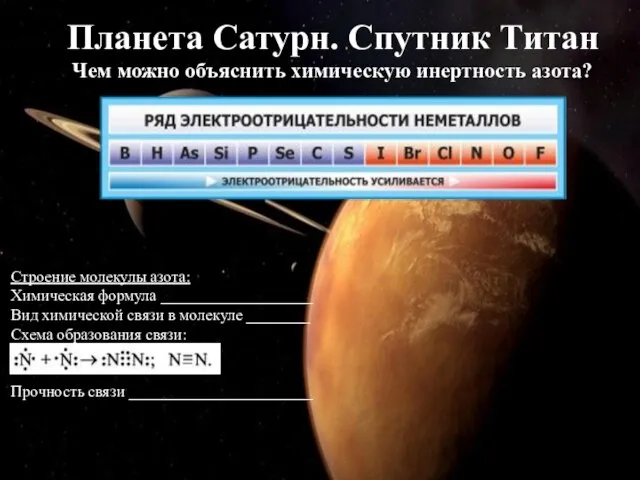 Планета Сатурн. Спутник Титан Чем можно объяснить химическую инертность азота? Строение молекулы
