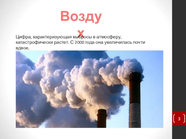 Воздух Цифра, характеризующая выбросы в атмосферу, катастрофически растет. С 2000 года она увеличилась почти вдвое.