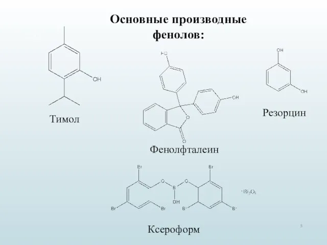 Основные производные фенолов: Тимол Резорцин Фенолфталеин Ксероформ 5