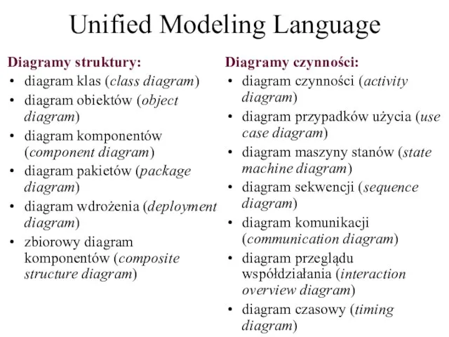 Unified Modeling Language Diagramy struktury: diagram klas (class diagram) diagram obiektów (object