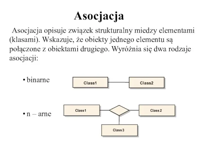 Asocjacja Asocjacja opisuje związek strukturalny miedzy elementami (klasami). Wskazuje, że obiekty jednego
