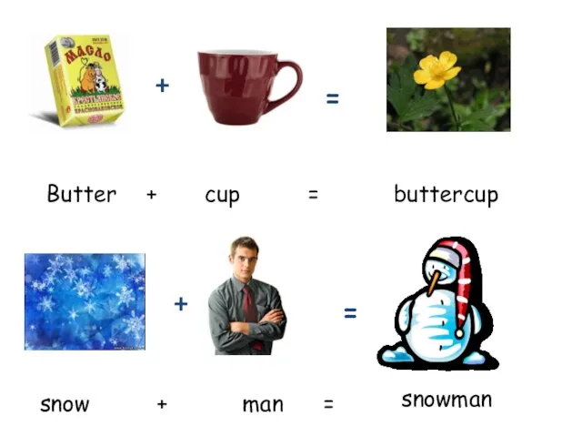 Butter + cup = buttercup snowman snow + man = + = + =