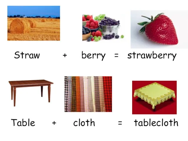 Straw + berry = strawberry Table + cloth = tablecloth