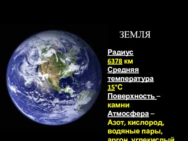 Радиус 6378 км Средняя температура 15°С Поверхность – камни Атмосфера – Азот,