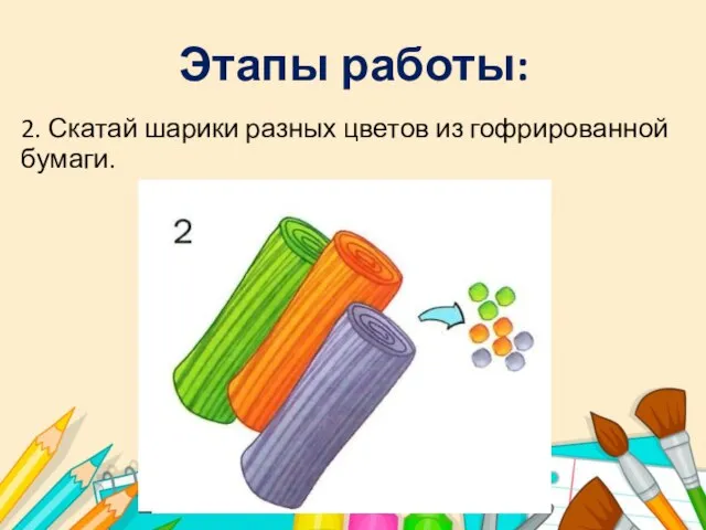 2. Скатай шарики разных цветов из гофрированной бумаги. Этапы работы: