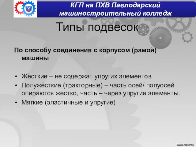 Типы подвесок По способу соединения с корпусом (рамой) машины Жёсткие – не