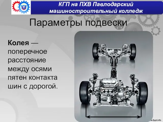 Параметры подвески Колея — поперечное расстояние между осями пятен контакта шин с