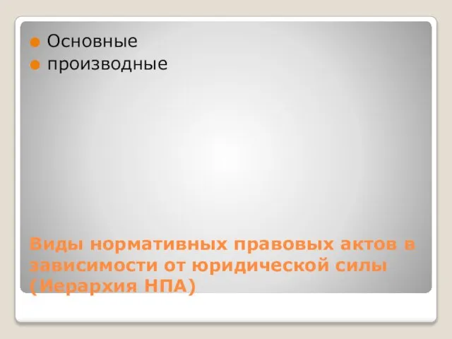 Виды нормативных правовых актов в зависимости от юридической силы (Иерархия НПА) Основные производные