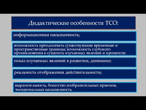 Дидактические особенности ТСО: информационная насыщенность; возможность преодолевать существующие временные и пространственные границы;