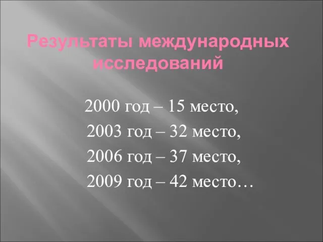 Результаты международных исследований 2000 год – 15 место, 2003 год – 32