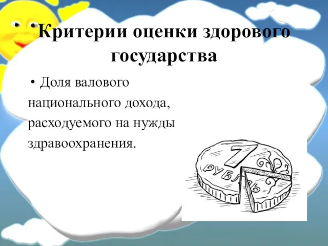 Критерии оценки здорового государства Доля валового национального дохода, расходуемого на нужды здравоохранения.