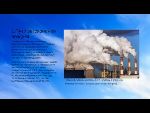 1.Пути загрязнения воздуха Рисунок 1. Отходы деятельности ТЭС(дым с опасными химсоединениями) выбрасываются