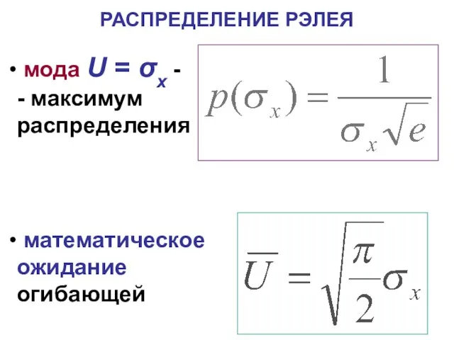 РАСПРЕДЕЛЕНИЕ РЭЛЕЯ мода U = σx - - максимум распределения математическое ожидание огибающей