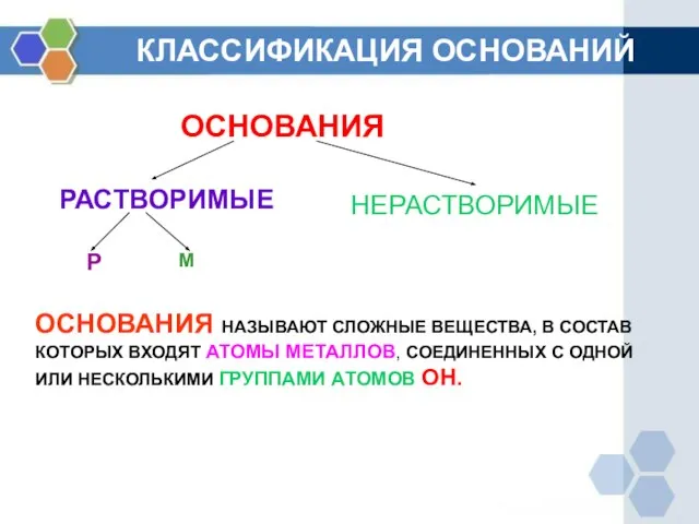 КЛАССИФИКАЦИЯ ОСНОВАНИЙ ОСНОВАНИЯ РАСТВОРИМЫЕ НЕРАСТВОРИМЫЕ Р М ОСНОВАНИЯ НАЗЫВАЮТ СЛОЖНЫЕ ВЕЩЕСТВА, В