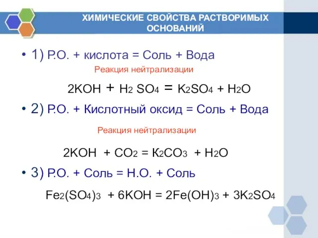 ХИМИЧЕСКИЕ СВОЙСТВА РАСТВОРИМЫХ ОСНОВАНИЙ 1) Р.О. + кислота = Соль + Вода