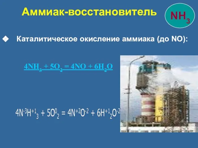 Каталитическое окисление аммиака (до NO): 4NH3 + 5O2 = 4NO + 6H2O Аммиак-восстановитель