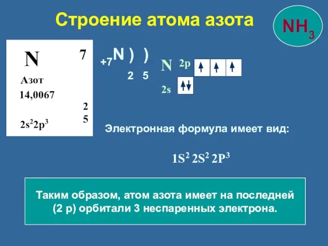 Строение атома азота N Азот 14,0067 2 5 7 2s22p3 N 2s