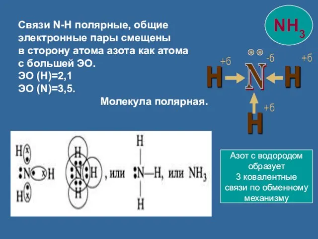 Связи N-H полярные, общие электронные пары смещены в сторону атома азота как