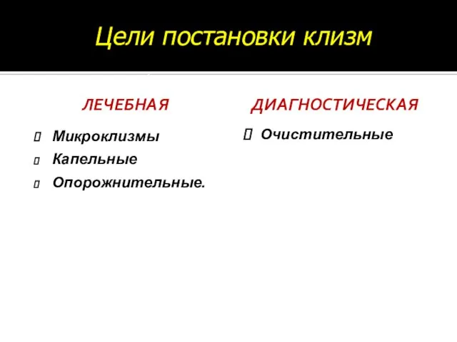 Цели постановки клизм ЛЕЧЕБНАЯ Микроклизмы Капельные Опорожнительные. ДИАГНОСТИЧЕСКАЯ Очистительные