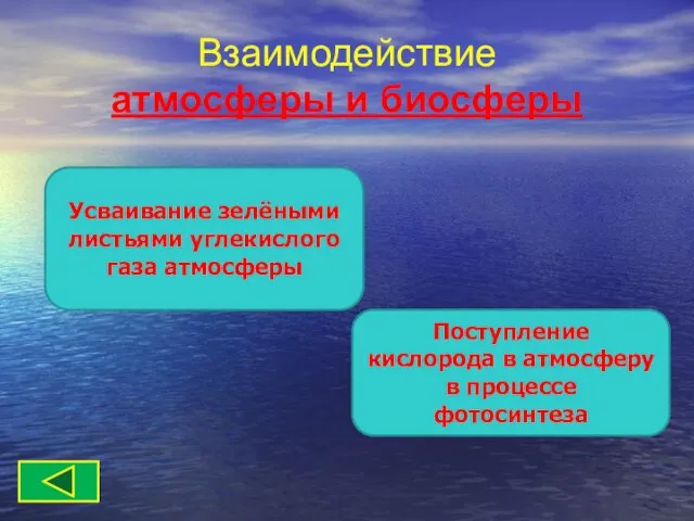 Взаимодействие атмосферы и биосферы Усваивание зелёными листьями углекислого газа атмосферы Поступление кислорода