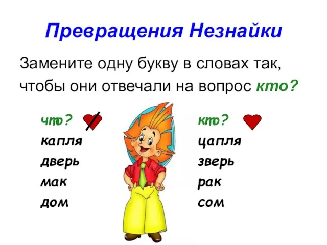 Превращения Незнайки Замените одну букву в словах так, чтобы они отвечали на