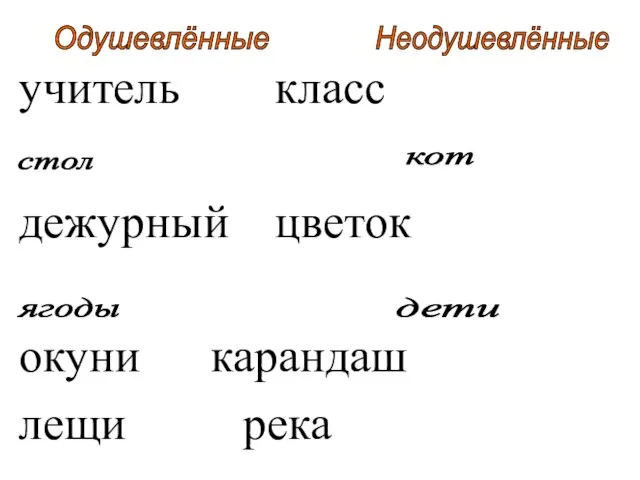 учитель класс дежурный цветок окуни карандаш лещи река Одушевлённые Неодушевлённые кот стол ягоды дети