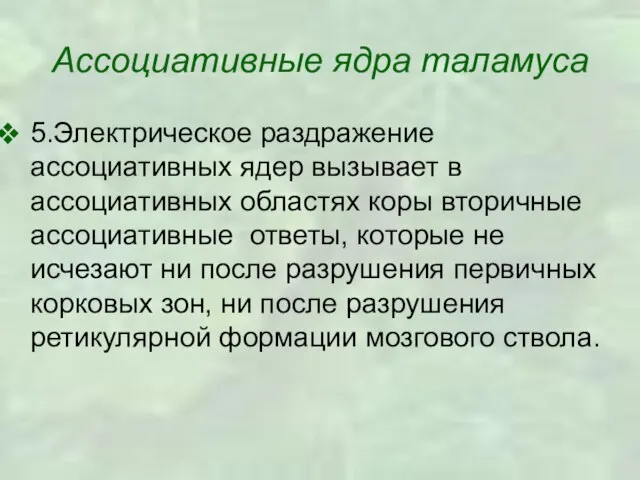 Ассоциативные ядра таламуса 5.Электрическое раздражение ассоциативных ядер вызывает в ассоциативных областях коры