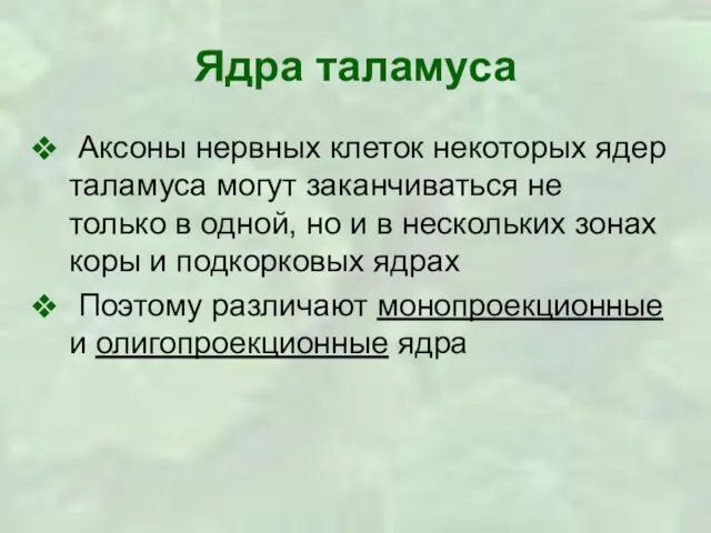 Ядра таламуса Аксоны нервных клеток некоторых ядер таламуса могут заканчиваться не только