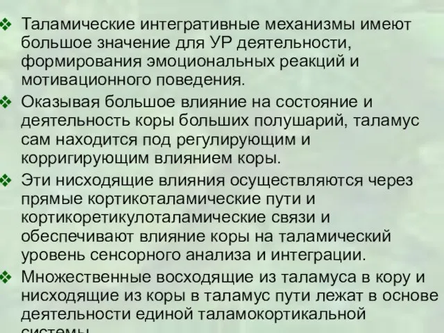 Таламические интегративные механизмы имеют большое значение для УР деятельности, формирования эмоциональных реакций