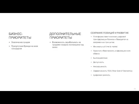 БИЗНЕС- ПРИОРИТЕТЫ Увеличение продаж Присутствие бренда на всех площадках ДОПОЛНИТЕЛЬНЫЕ ПРИОРИТЕТЫ Возможность