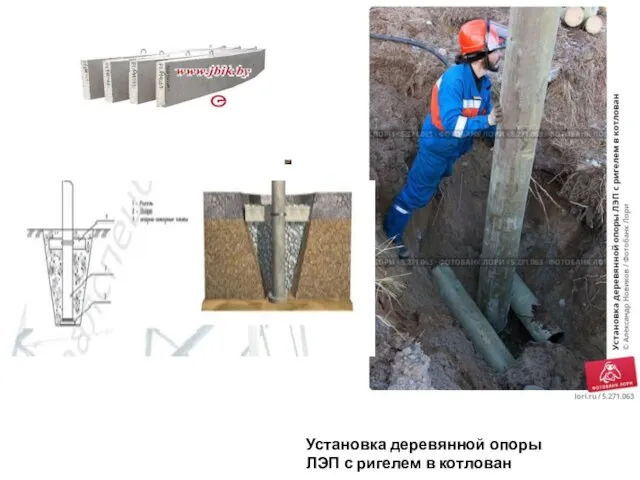 Установка деревянной опоры ЛЭП с ригелем в котлован