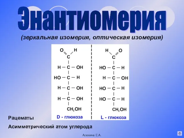 Рацематы Энантиомерия (зеркальная изомерия, оптическая изомерия) Асимметрический атом углерода Алехина Е.А.