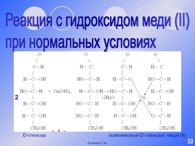 Реакция с гидроксидом меди (II) при нормальных условиях D-глюкоза комплексный D-глюкозат меди (II) Алехина Е.А. 2