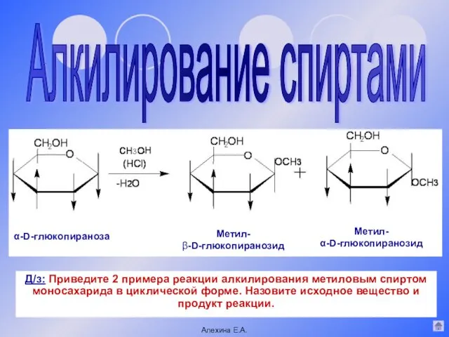 Алкилирование спиртами α-D-глюкопираноза Метил- β-D-глюкопиранозид Метил- α-D-глюкопиранозид Алехина Е.А. Д/з: Приведите 2