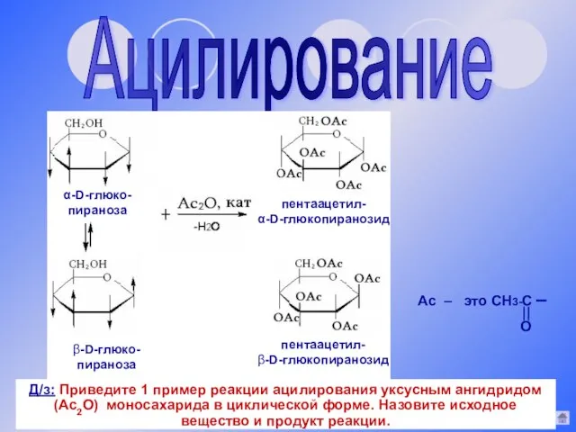 Ацилирование α-D-глюко- пираноза β-D-глюко- пираноза пентаацетил- α-D-глюкопиранозид пентаацетил- β-D-глюкопиранозид Ас – это