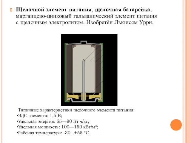 Щелочной элемент питания, щелочная батарейка, марганцево-цинковый гальванический элемент питания с щелочным электролитом.