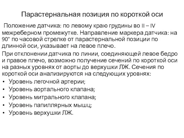 Парастернальная позиция по короткой оси Положение датчика: по левому краю грудины во