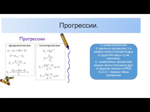 Прогрессии. S- сумма прогрессии D- разность прогрессии ( т.е каждое число отличается