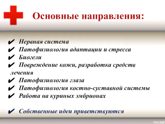 Основные направления: Нервная система Патофизиология адаптации и стресса Биогели Повреждение кожи, разработка