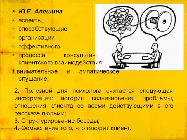 Ю.Е. Алешина аспекты, способствующие организации эффективного процесса консультант - клиентского взаимодействия. 1.внимательное