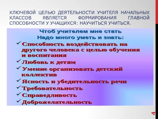 КЛЮЧЕВОЙ ЦЕЛЬЮ ДЕЯТЕЛЬНОСТИ УЧИТЕЛЯ НАЧАЛЬНЫХ КЛАССОВ ЯВЛЯЕТСЯ ФОРМИРОВАНИЯ ГЛАВНОЙ СПОСОБНОСТИ У УЧАЩИХСЯ: НАУЧИТЬСЯ УЧИТЬСЯ.