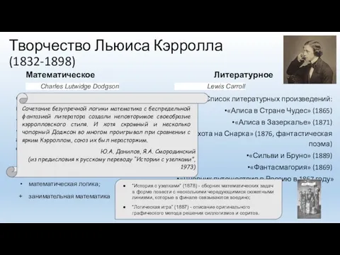 Творчество Льюиса Кэрролла (1832-1898) Математическое Charles Lutwidge Dodgson Основные направления математических исследований: