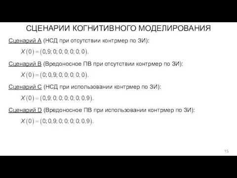 СЦЕНАРИИ КОГНИТИВНОГО МОДЕЛИРОВАНИЯ Сценарий А (НСД при отсутствии контрмер по ЗИ): Сценарий