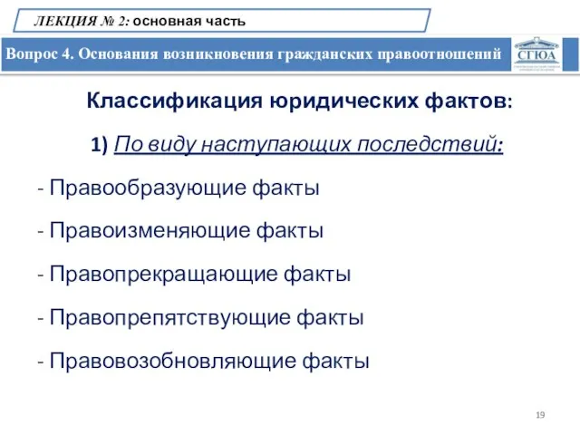 Вопрос 4. Основания возникновения гражданских правоотношений ЛЕКЦИЯ № 2: основная часть Классификация