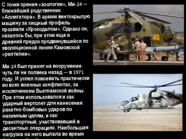 С точки зрения «зоологии», Ми-24 — ближайший родственник «Аллигатора». В армии винтокрылую