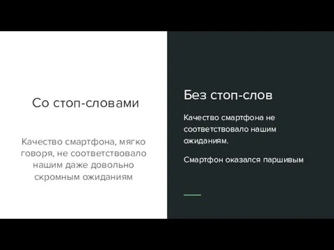 Со стоп-словами Без стоп-слов Качество смартфона не соответствовало нашим ожиданиям. Смартфон оказался